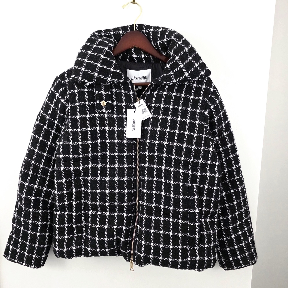 NWT Jason Wu Jacket Plaid Tweed Quilted Puffer Coat Luxury Small Black White